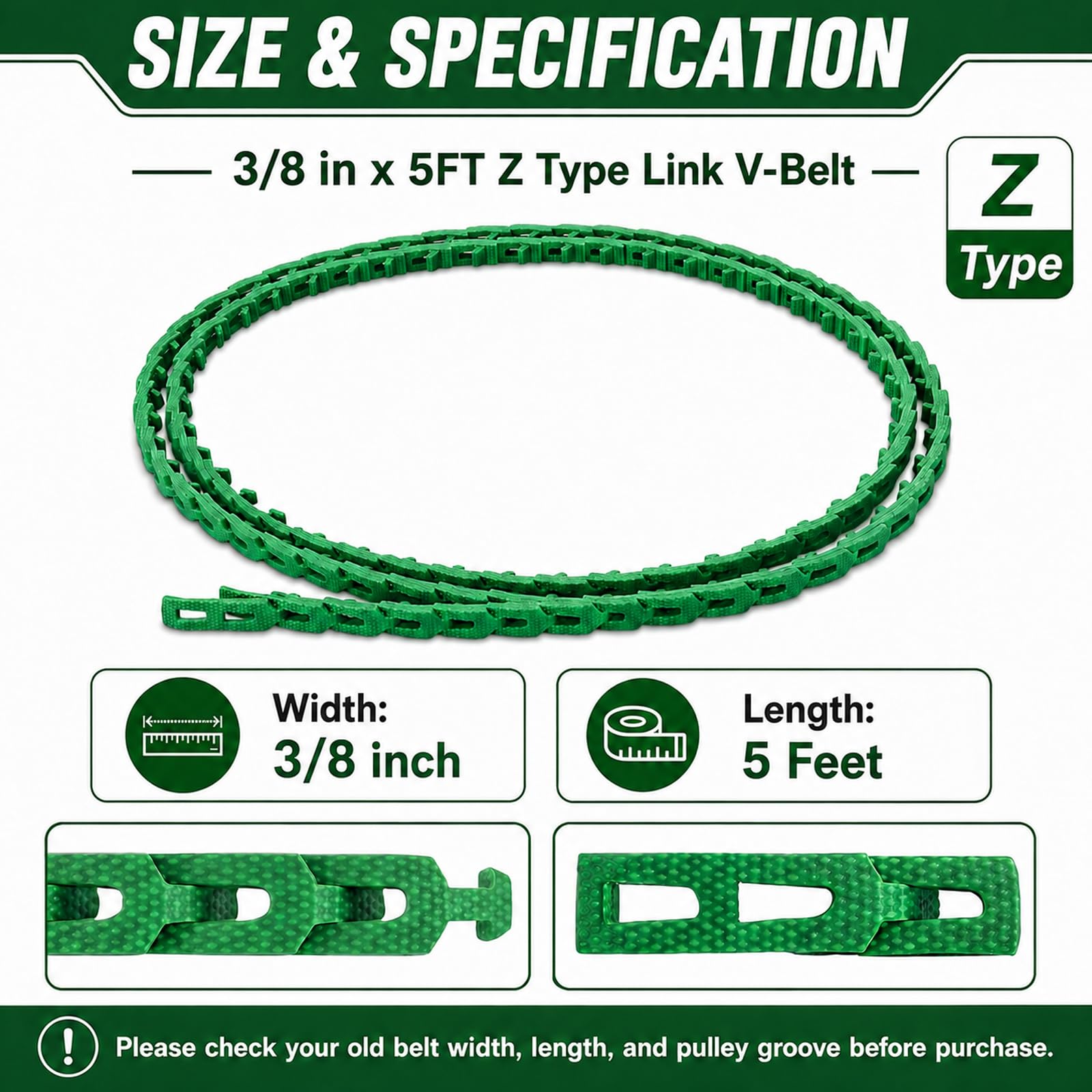 5FT Power Twist V Belt 3/8-inch x 5 Feet Z Type, Industrial Rubber